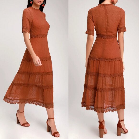 Lulus Dresses & Skirts - Lulu's Dreaming of You Rust Orange Swiss Dot Midi Dress